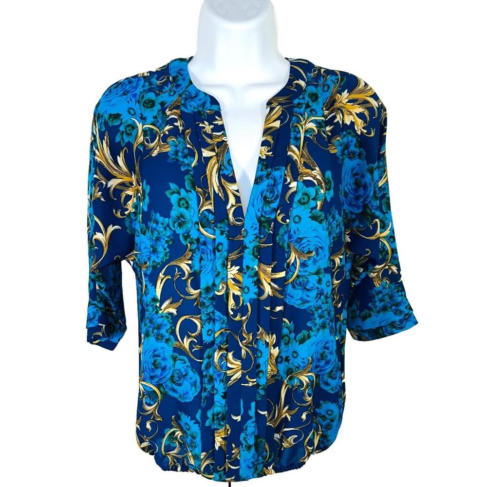 7th Avenue New York & Company Blouse Women's XS Blue Gold Floral Rococo V-Neck